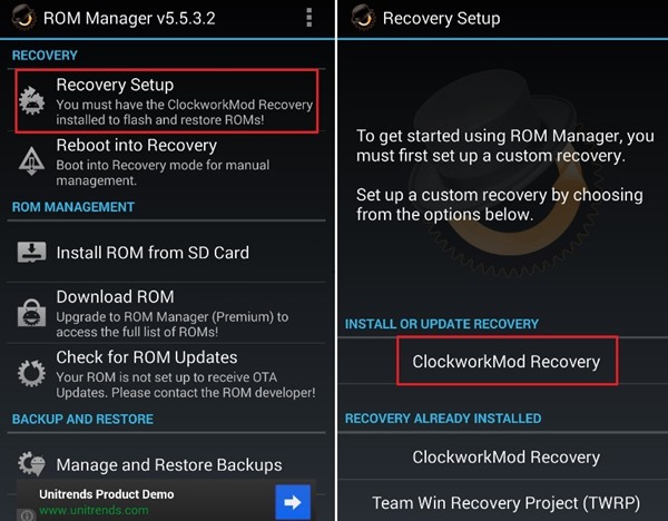 نصب بازیابی CWM با استفاده از ابزار ROM Manager
