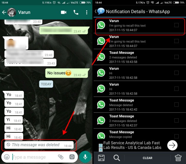 نحوه خواندن پیام حذف شده در واتساپ