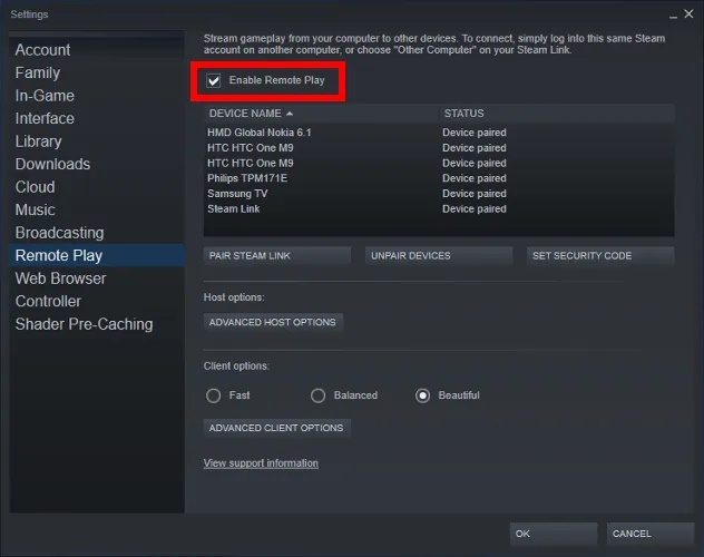 Remote Play و Steam Link را فعال کنید