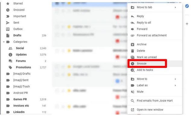 Snooze در gmail