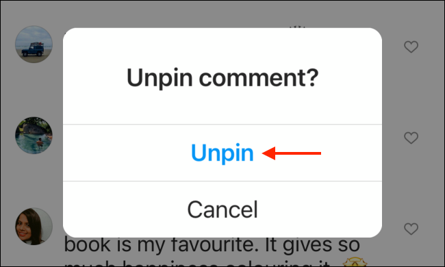 بر روی دکمه Unpin در Instagram برای iPhone ضربه بزنید