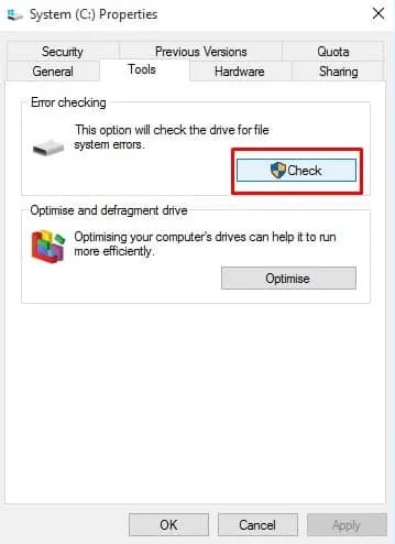 بر روی "Check" در زیر "Error-checking" کلیک کنید