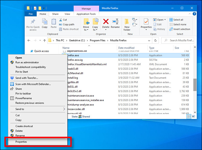 روی پرونده EXE راست کلیک کرده و "Properties" را در File Explorer در ویندوز 10 انتخاب کنید.