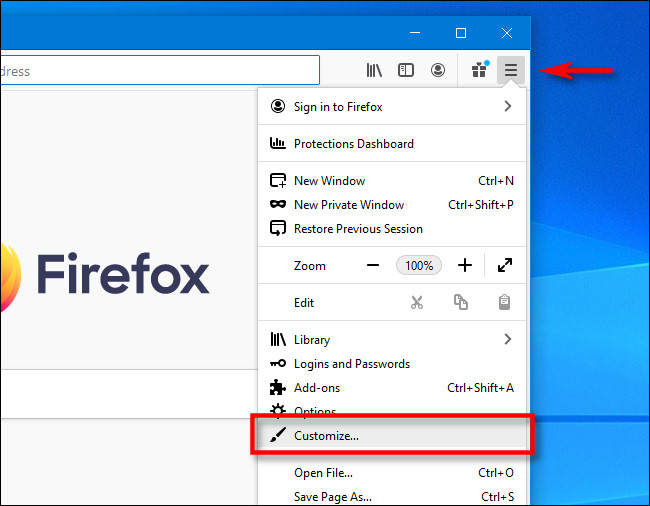 روی منوی همبرگر در Firefox کلیک کنید و سپس روی "Customize" کلیک کنید.