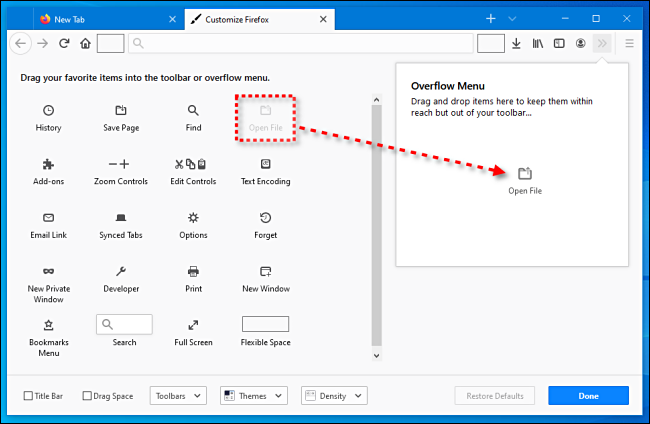 در Firefox ، همه عناصر نوار ابزار را کلیک کرده و به "منوی Overflow " بکشید.