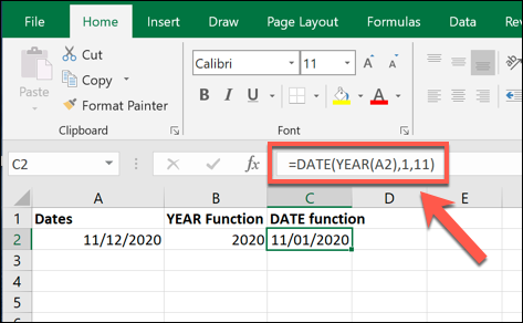 به عنوان مثال مقدار فرمول DATE ، با استفاده از مقدار ایجاد شده توسط فرمول YEAR در Excel ایجاد شده است
