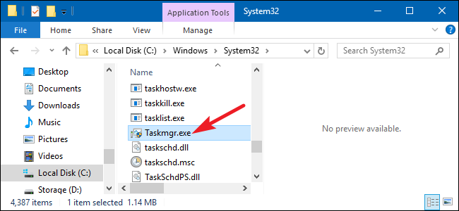 در taskmgr.exe در File Explorer مرور کنید