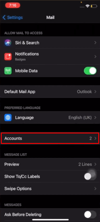 روی گزینه Account ضربه بزنید