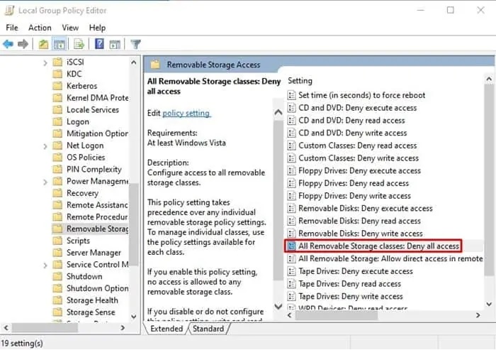 گزینه "All Classes Storage Removable: Deny all access" را جستجو کنید