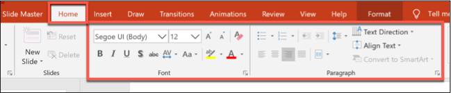 گزینه های قالب بندی در برگه Home در PowerPoint