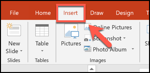 برگه Insert را در PowerPoint فشار دهید