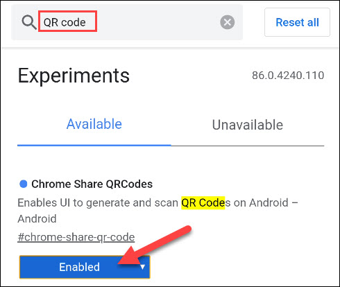پرچم Chrome Share QRCodes را فعال کنید