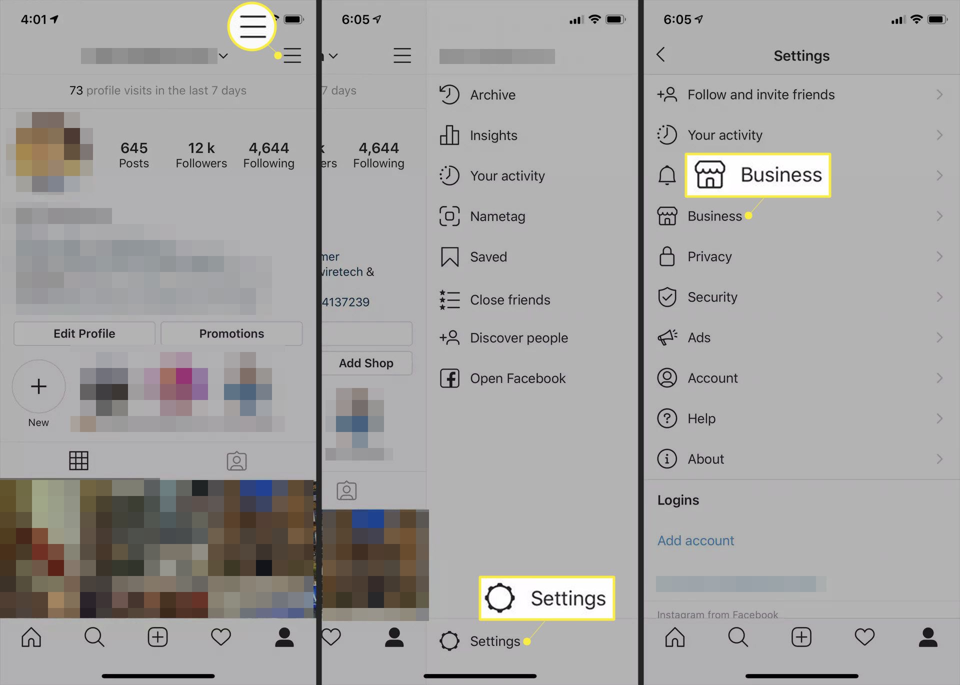 منو. تنظیمات و تجارت در برنامه Instagram