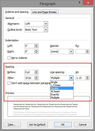 تنظیمات فاصله خط  Microsoft Word 