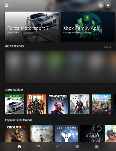 صفحه اصلی برنامه Xbox در iOS