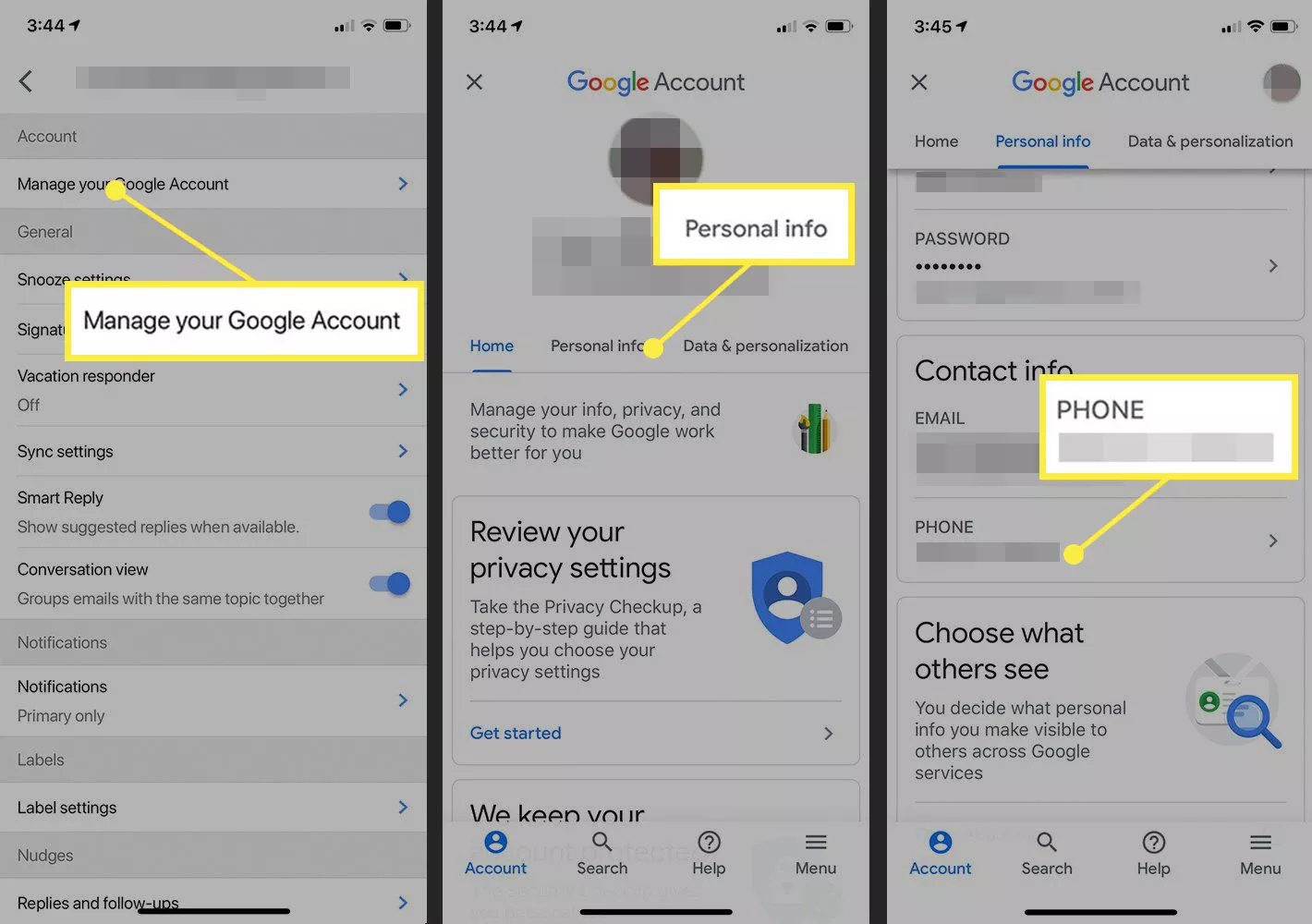 شماره تلفن موجود در یک حساب Google