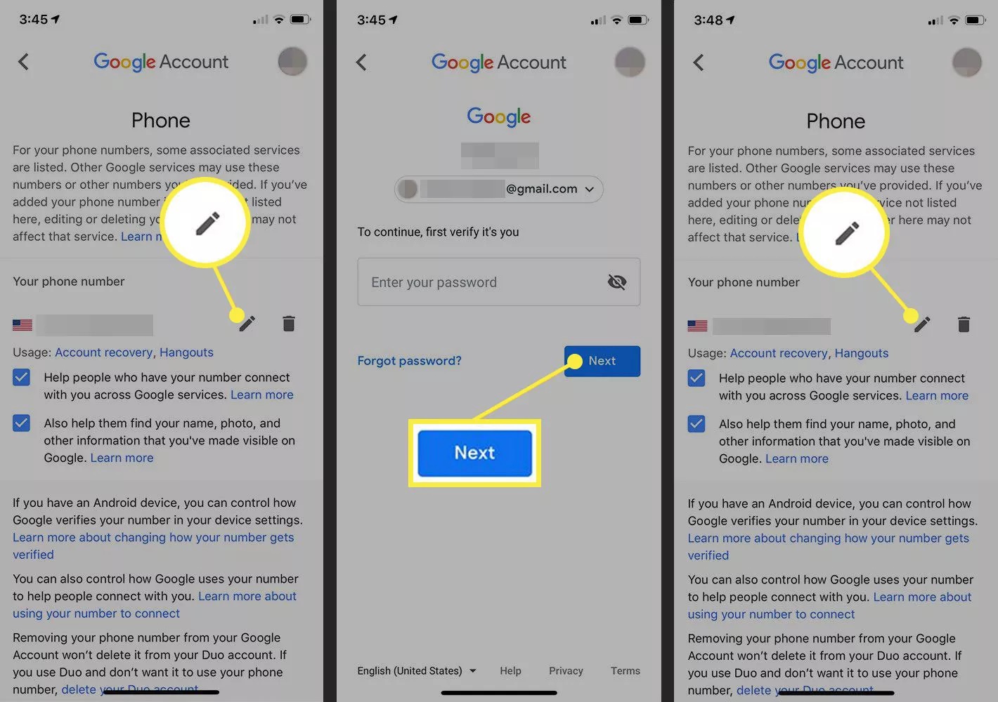 ویرایش شماره تلفن در یک حساب Google