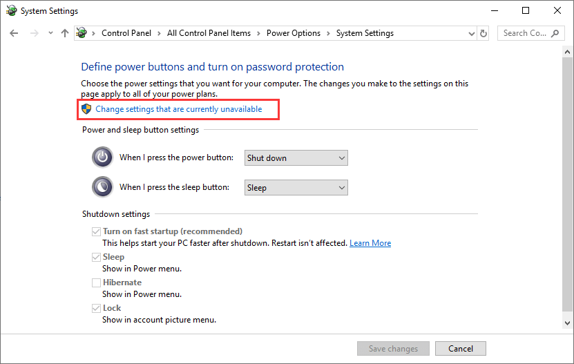 گزینه Change Settings that are currently unavailable را انتخاب کنید