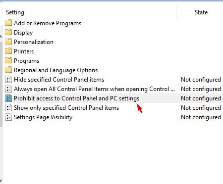 بر روی "Prohibit access to Control Panel and PC Settings" دوبار کلیک کنید