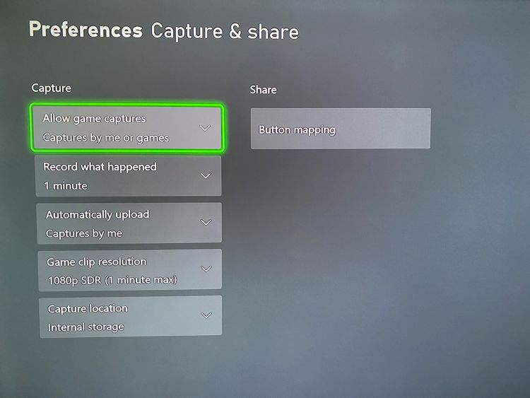 تنظیمات ترجیحی Xbox Capture
