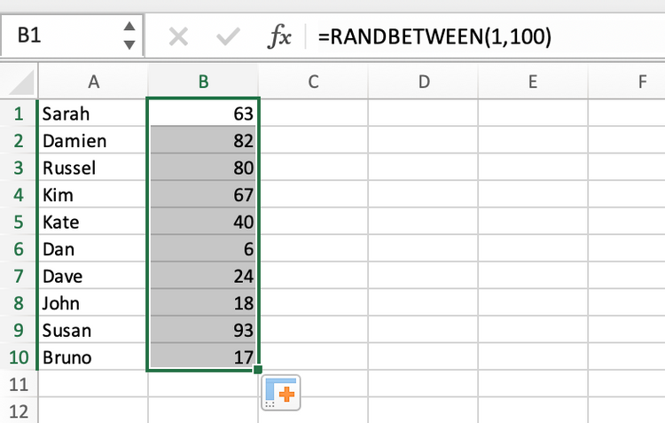 استفاده از تابع RANDBETWEEN اکسل