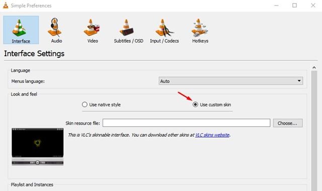 گزینه "Use Custom Skin" را انتخاب کنید.