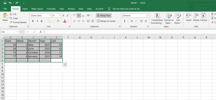 جدول در Microsoft Excel