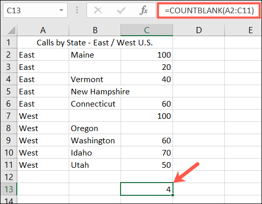 فرمول COUNTBLANK 