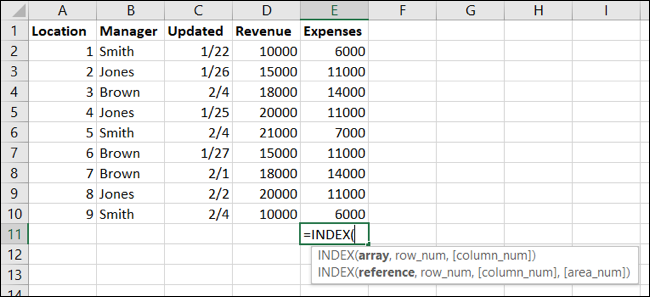 تابع INDEX در اکسل