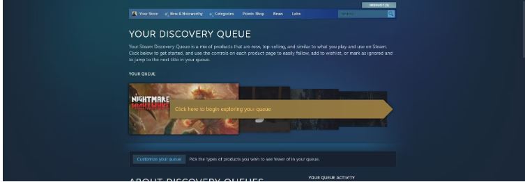 تصویری از ویژگی صف کشف Steam در حال استفاده